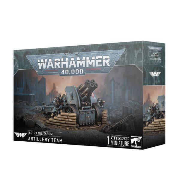 Packaging for Warhammer 40,000 Astra Militarum Krieg Artillery Team miniatures game. The box features artwork of a military vehicle and depicts the Warhammer 40,000 logo.