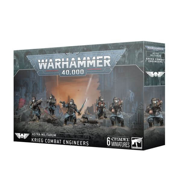 Box packaging for Warhammer 40,000 Astra Militarum Krieg Combat Engineers miniatures game, featuring six space marines in combat gear.