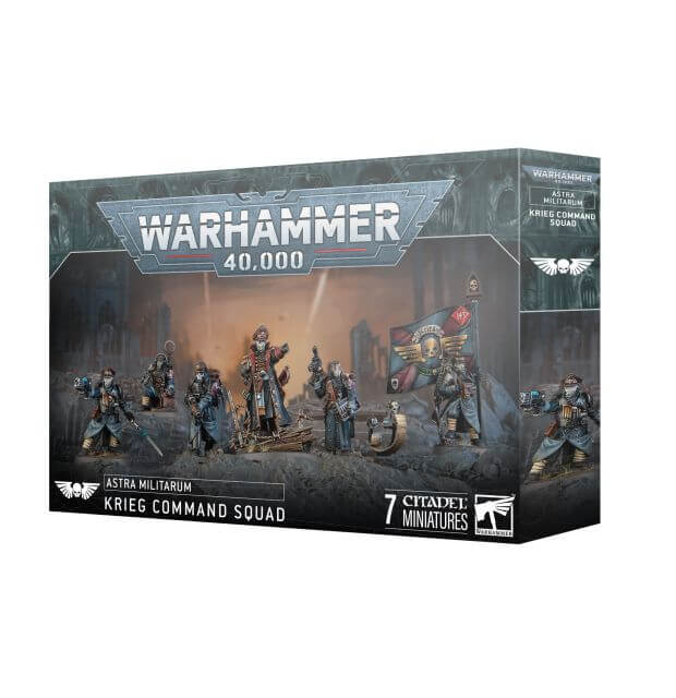 Packaging for Warhammer 40,000 Astra Militarum Krieg Command Squad miniatures, featuring seven toy figures.
