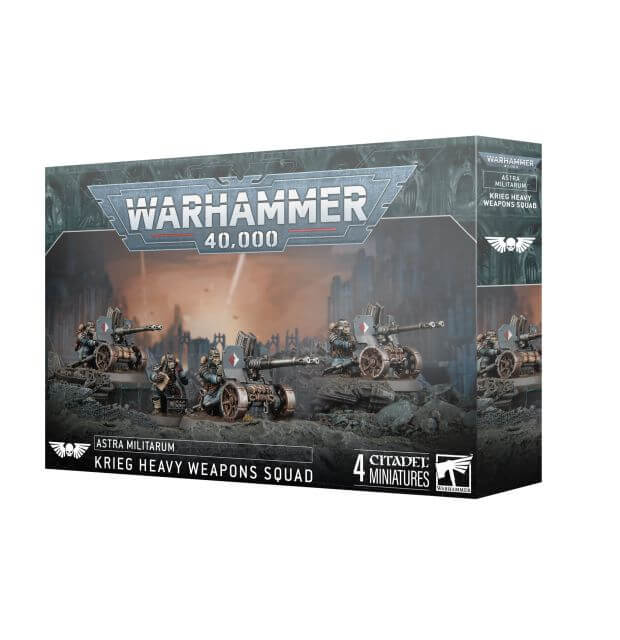 Packaging for Warhammer 40,000 Astra Militarum Krieg Heavy Weapons Squad miniatures game, featuring illustrations of the characters and their heavy weapons.