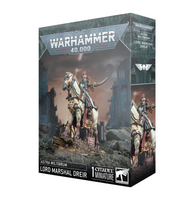 Packaging for Warhammer 40,000 Astra Militarum Lord Marshal Dreir miniature, featuring an illustration of the character on foot and mounted, against a backdrop of battle damage.