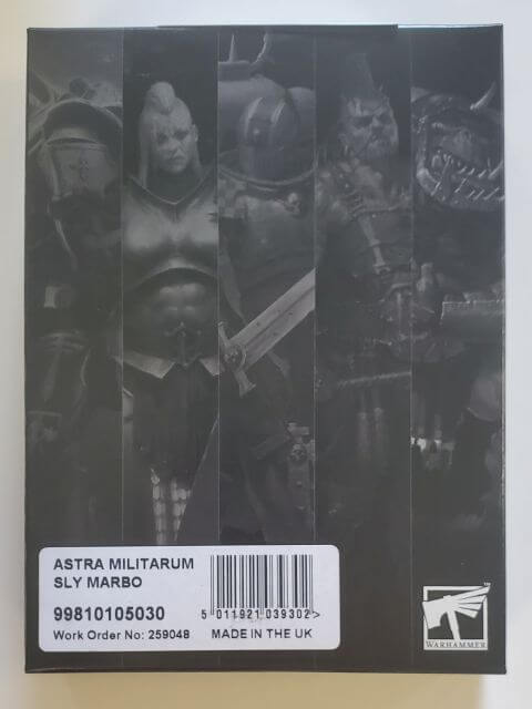 Packaging for Astra Militarum Sly Marbo, featuring black and white images of miniature figures on a black background.