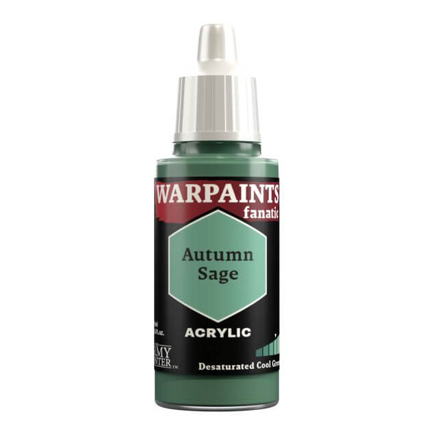 A bottle of Warpaints Fanatic Autumn Sage acrylic paint in a 18ml size, with a label that includes the product name and brand.