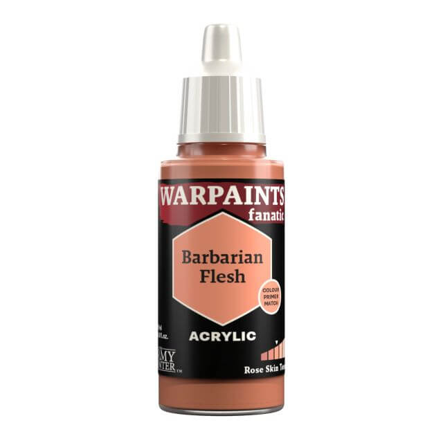 A bottle of Warpaints Fanatic Barbarian Flesh acrylic paint in a rosy yellowish pink color, labeled for miniature and model painting.