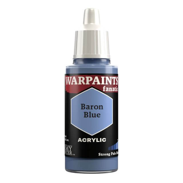 A bottle of Warpaints Fanatic acrylic paint in the shade 'Baron Blue'.