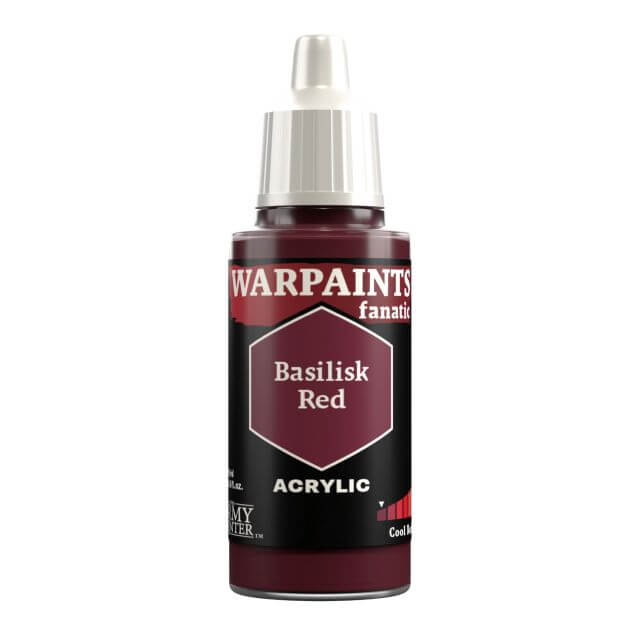A bottle of Warpaints Fanatic: Basilisk Red acrylic paint.