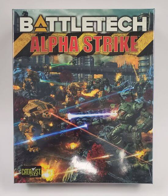 Box cover art for BattleTech Alpha Strike game featuring illustrated miniatures and a battle scene.