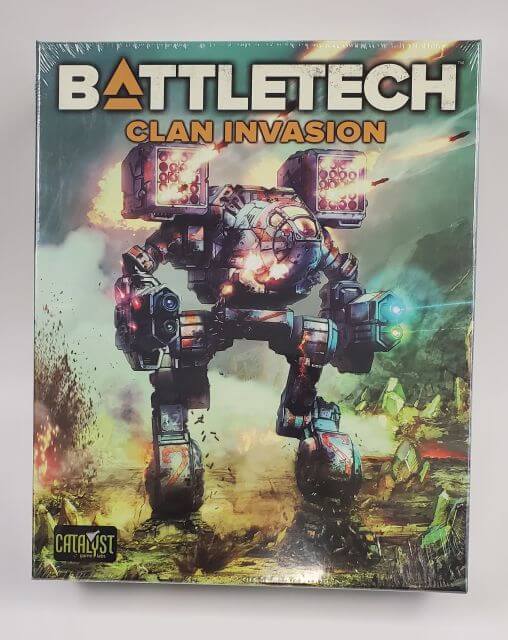 The image shows the cover of the BattleTech: Clan Invasion box set, featuring a detailed illustration of a BattleMech with a fiery background, indicative of the game's theme and content.