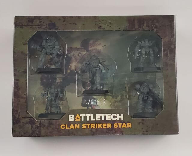 Packaging for the Battletech Clan Striker Star showing 5 miniatures. 