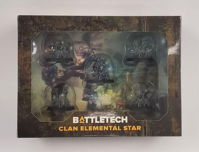 Packaging for the Battletech Clan Elelmentals showing 5 miniatures. 