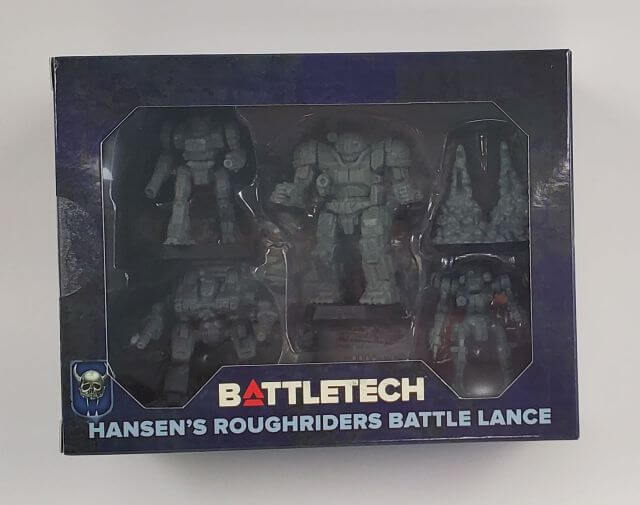 A boxed set of BattleTech miniatures including models of Penetrator, Atlas, Enforcer, and Hatchetman, along with MechWarrior and Alpha Strike cards.