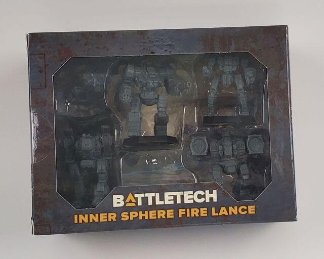BattleTech: Inner Sphere Fire Lance model set packaged in a box, showing four BattleMech models and included cards.