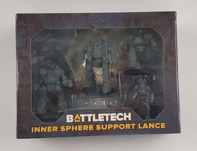 A product box for BattleTech: Inner Sphere Support Lance, featuring images of BattleMechs Cyclops, Thug, Dragon, and Spider.