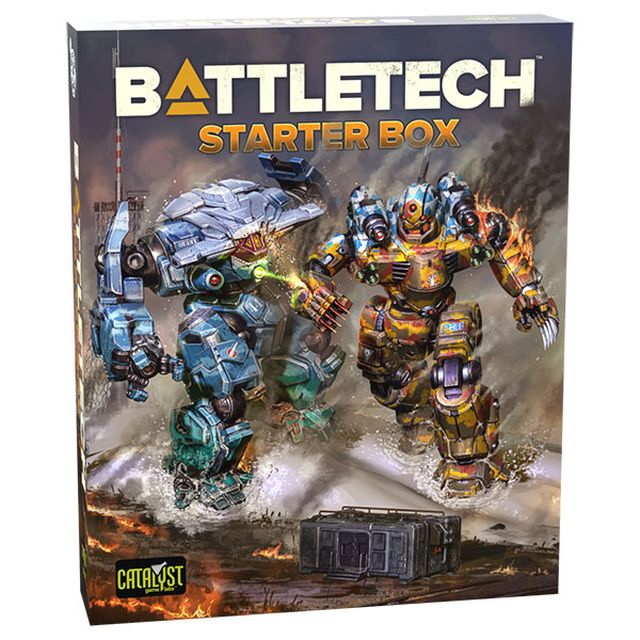 Battletech Starter Box packaging with two mecha figures on a fiery background