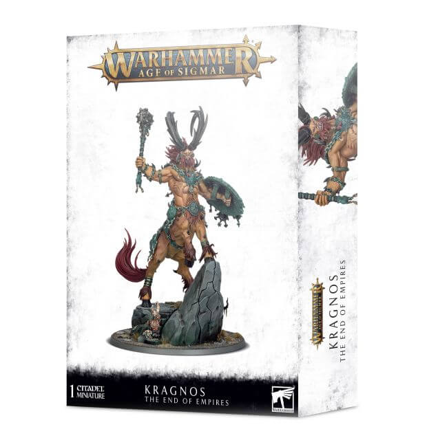 Product packaging for 'Beasts of Chaos Kragnos, the End of Empires', featuring a plastic model kit of the character Kragnos. The box displays the character's illustration in a combative pose with multiple heads and a fiery backdrop.