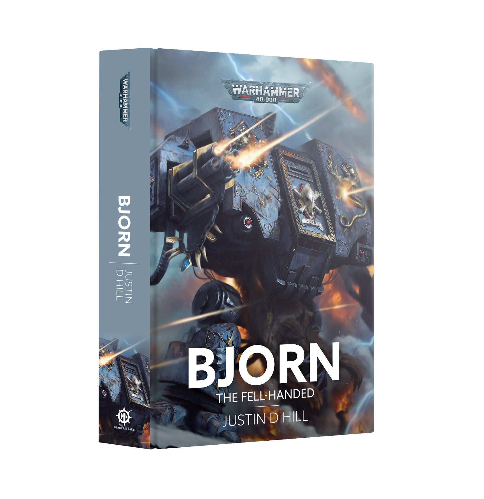Warhammer 40k Biorn: The Fellhanded board game box by Justin D. Hill, featuring a sci-fi mecha illustration on the cover and spine, shown on a plain white background.