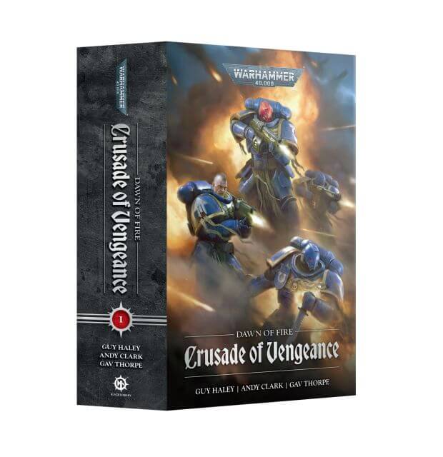 Warhammer 40k Crusade of Vengeance book, featuring a dark gray spine and a front cover with painted Space Marine warriors in blue armor against an orange-brown fiery background.