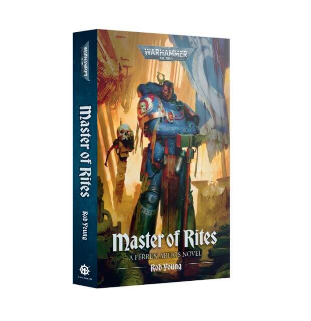 Warhammer 40k Master of Rites novel book by Rob Young, featuring a detailed cover illustration of a Space Marine warrior and a companion, shown on a clean white background.