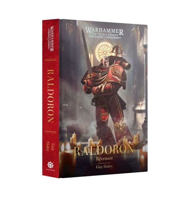 Warhammer 40k Revenant Raldoron hardcover book by Guy Haley, featuring a red spine and a dark fantasy cover illustration of a heavily armored warrior.