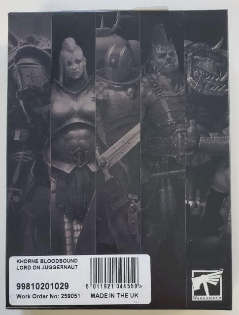 Packaging for Age of Sigmar Blades of Khorne Lord on Juggernaut miniature kit featuring logos and product name.