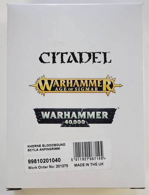 Packaging for Age of Sigmar Blades of Khorne Scyla Anfingrimm miniature kit featuring logos and product name.