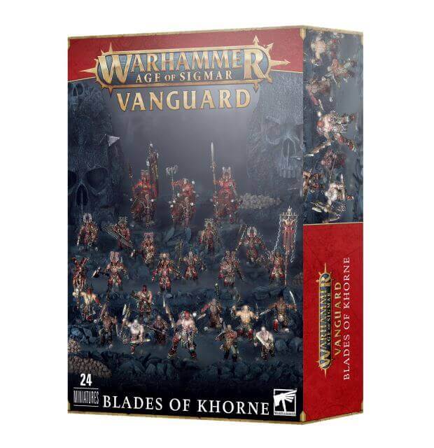 Product packaging for 'Blades of Khorne' miniatures set, featuring artwork of the characters in combat poses.