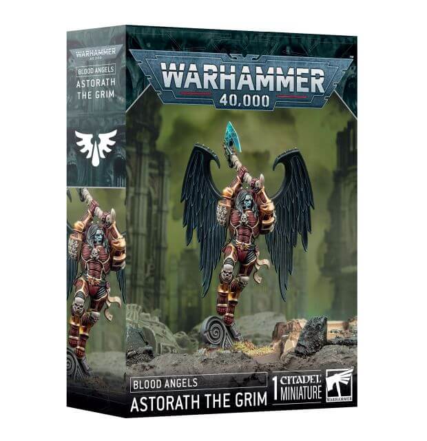 Product packaging for Warhammer 40,000 Blood Angels Astorath the Grim miniature, featuring the assembled and painted figure on the box art.