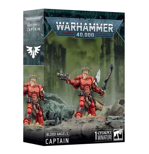 Packaging for Warhammer 40,000 Blood Angels Captain miniature, featuring the assembled and painted model on the box art.