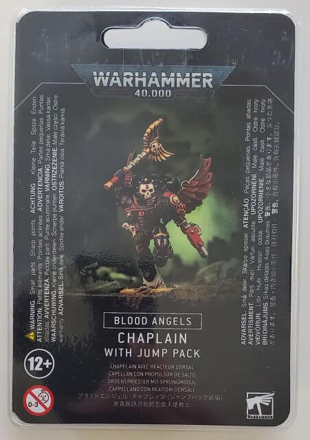 Packaging for Blood Angels Chaplain with Jump Pack miniature, featuring the miniatures image on the front with the Warhammer 40,000 franchise branding.