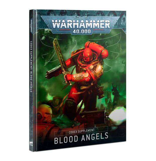 Cover of the Blood Angels Codex 10th Edition featuring an illustration of a Blood Angel Space Marine with a large gun, against a backdrop of battle damage and smoke.