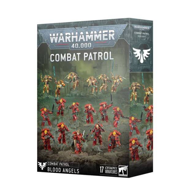 Box packaging for Warhammer 40,000 Combat Patrol Blood Angels, featuring miniatures of the Blood Angels on the front.