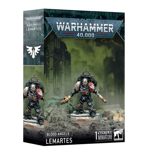 Product packaging for Warhammer 40,000 Blood Angels Lemartes miniature, featuring the assembled and painted figure on the box art.