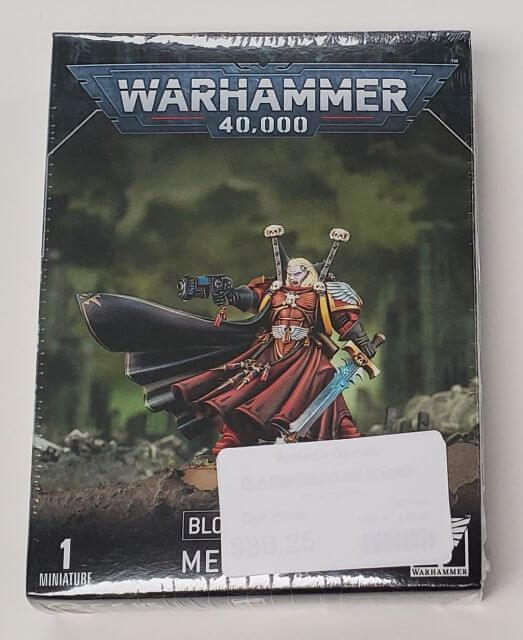 Packaging for Warhammer 40,000 Blood Angels Mephiston Lord of Death miniature set, featuring an illustration of the character on a box with a '1' indicating the number of miniatures inside.