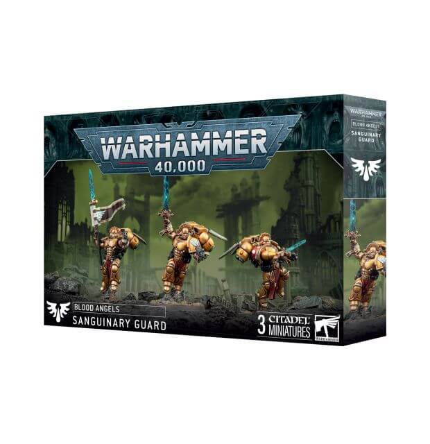 Product packaging for Warhammer 40,000 Blood Angels Sanguinary Guard miniatures, showing the miniatures in action poses against a dark themed backdrop.