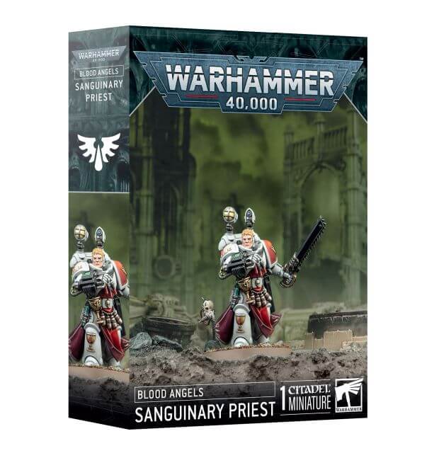 Product packaging for Warhammer 40,000 Blood Angels Sanguinary Priest miniature, featuring the miniature in two poses and three head options.