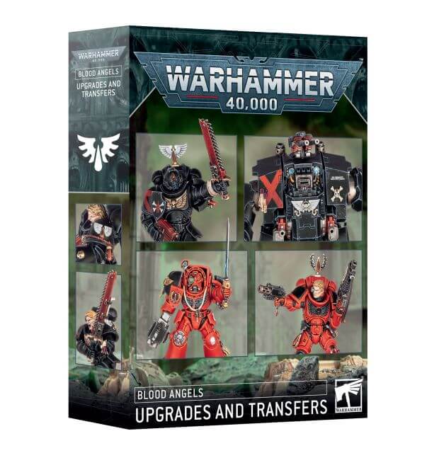 Packaging for 'Blood Angels Upgrades & Transfers 2024' showing various Space Marine models with different armor upgrades and transfers.