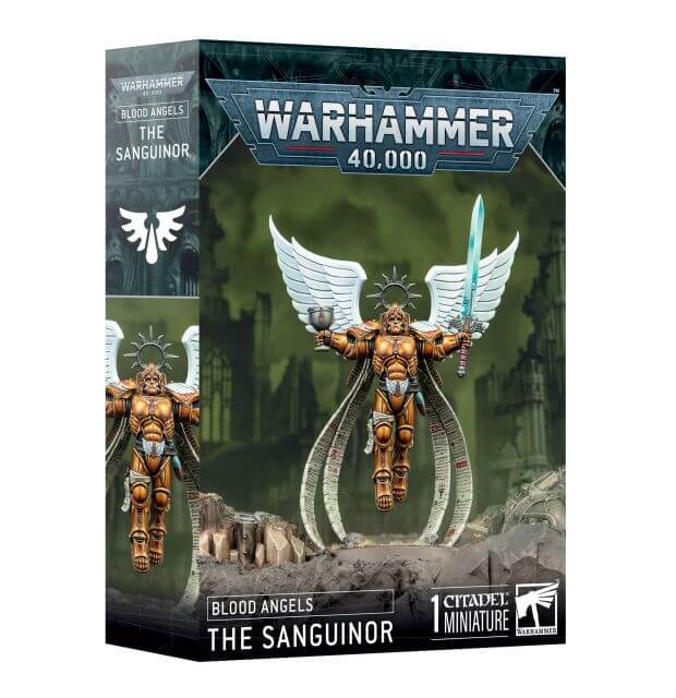 Product packaging for 'Blood Angels The Sanguinor' miniature from Warhammer 40,000. The box features an image of the angelic general with wings extended, set against a dark, forest-like background.