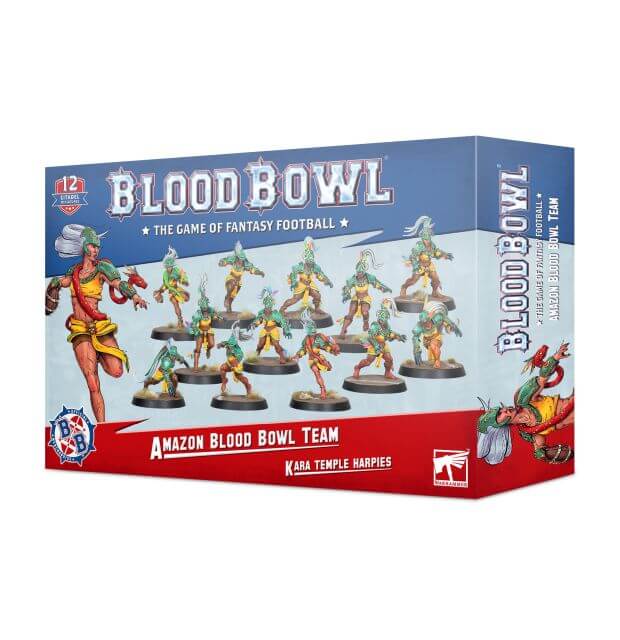 Product box for Blood Bowl Amazon Team - Kara Temple Harpies, featuring illustrations of the miniatures included in the set.
