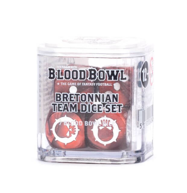 Blood Bowl Bretonnian Team Dice Set in clear packaging on a white background