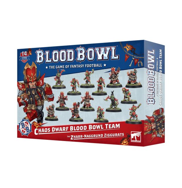 A product image of the Blood Bowl Chaos Dwarf Team, featuring a kit with various miniature figures including Hobgoblins and Chaos Dwarfs, along with a box of Blood Bowl coins and a transfer sheet.