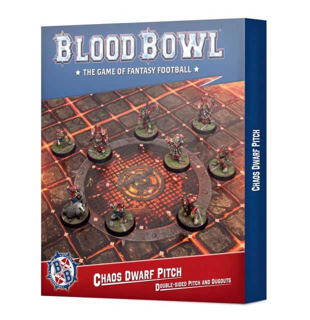 Product packaging for Blood Bowl Chaos Dwarf Team Pitch & Dugouts, featuring miniature figures on a game board set against a fantasy volcanic theme.