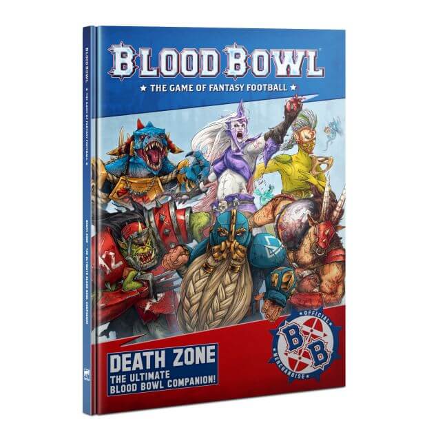Cover of the Blood Bowl Death Zone supplement featuring illustrated fantasy football players and coaches.