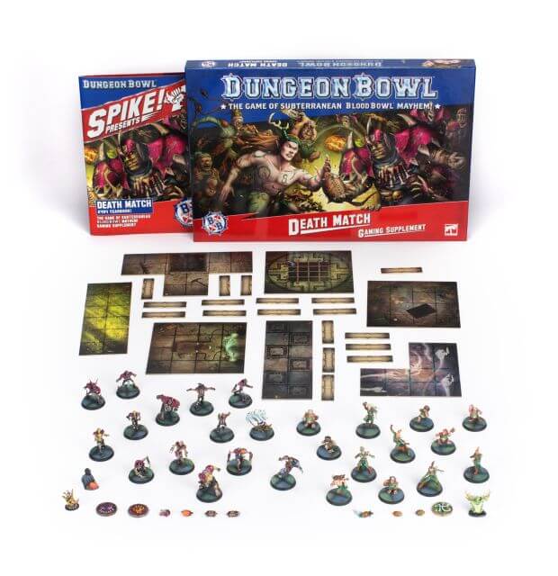 The image shows the components of the Blood Bowl Dungeon Bowl Death Match expansion, including various miniature figures, dungeon tiles, door tokens, and the rulebook.