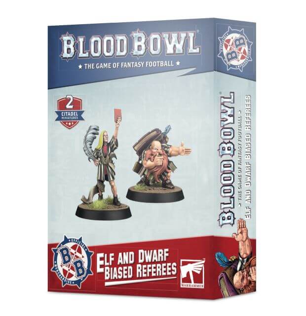 Product packaging for Blood Bowl Elf & Dwarf Bias Refs, featuring two assembled figurines representing a dwarf and an elf referee, with the Blood Bowl game branding.