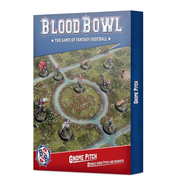 Product packaging for Blood Bowl Gnome Pitch & Dugouts game, featuring illustrations of fantasy football players and mushrooms on the pitch, with a magical theme.