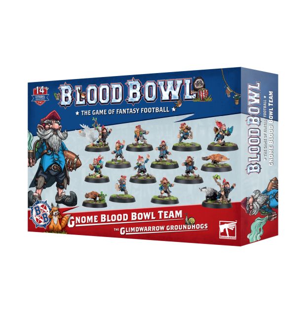 Packaging for Blood Bowl Gnome Team, featuring illustrations of gnome players and a 'Glimdwarrow Groundhogs' logo, with miniatures visible through a clear plastic window.
