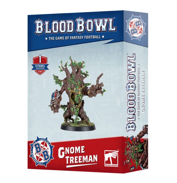 Packaging for Blood Bowl Gnome Treeman miniature, featuring the assembled and painted model on the front.
