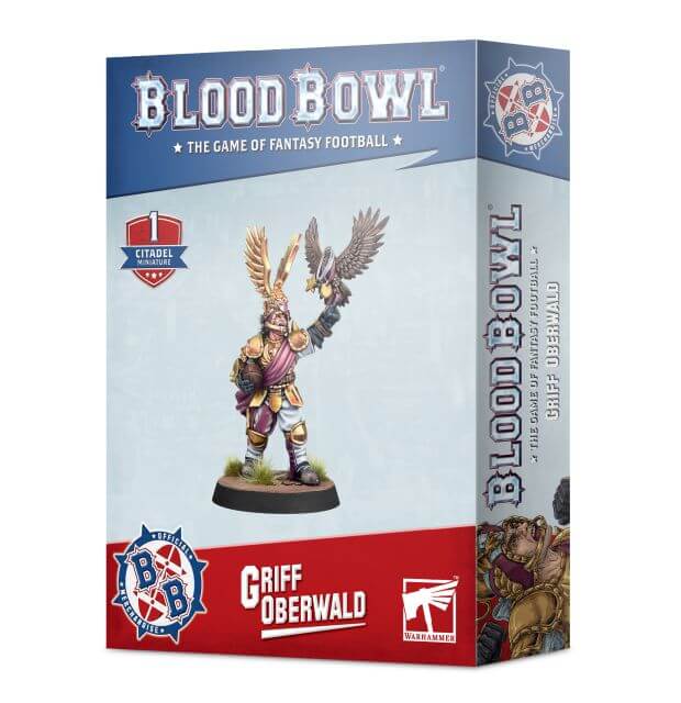 Product packaging for Blood Bowl Griff Oberwold, featuring a plastic model of a fantasy football player on a 32mm round base, with the Blood Bowl logo and colors.