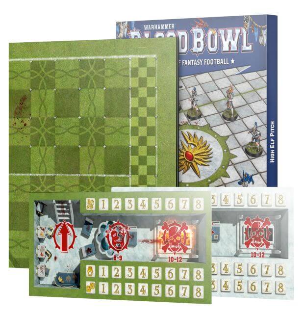 Game components including a green mat, game board, and player cards on a white background