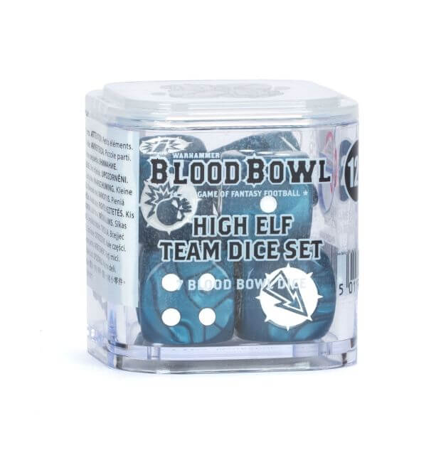 Blood Bowl High Elf Team Dice Set packaging on a white background